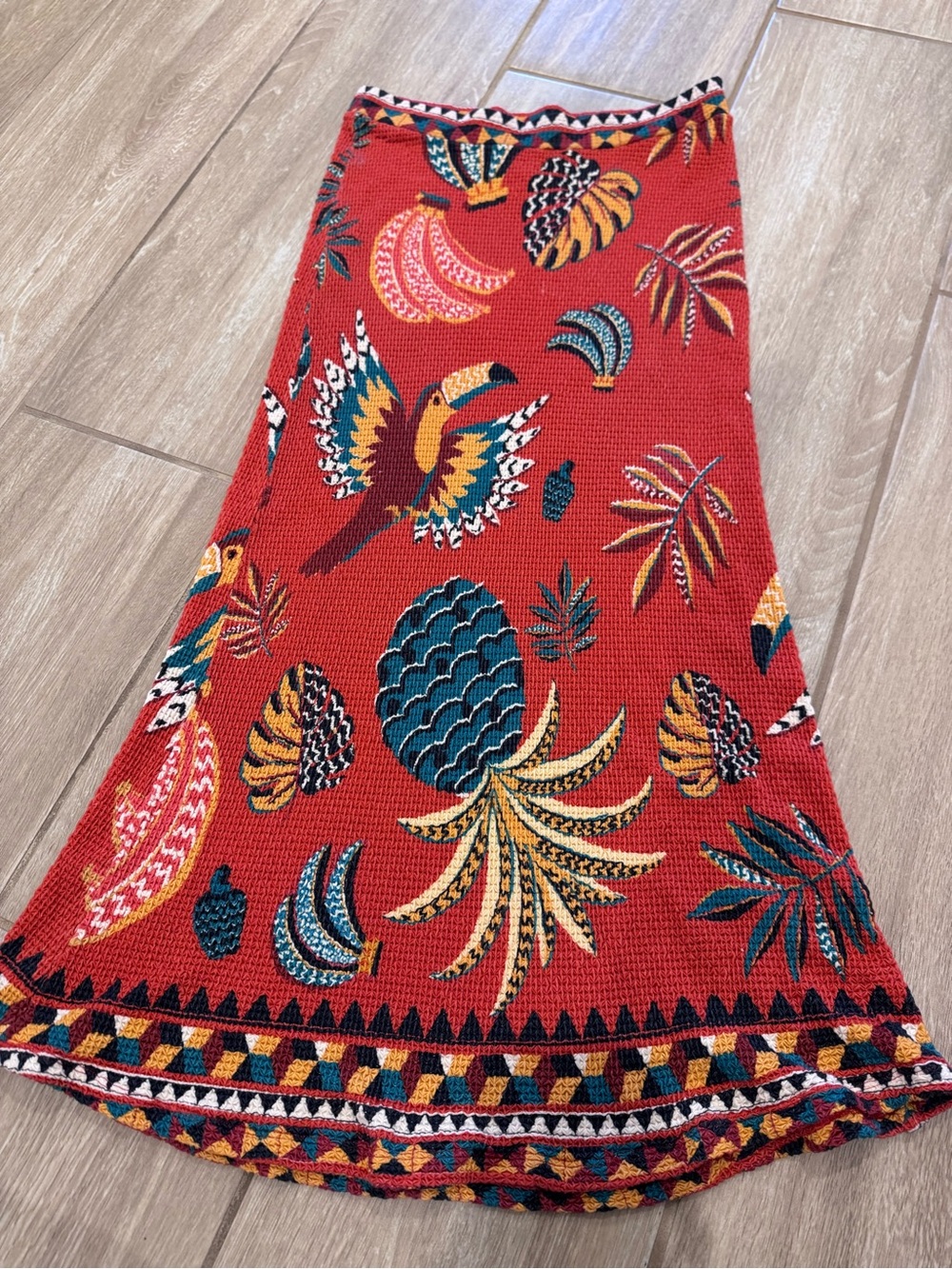 Farm Rio Anthropologie Red Tropical-Print A-Line Maxi Skirt